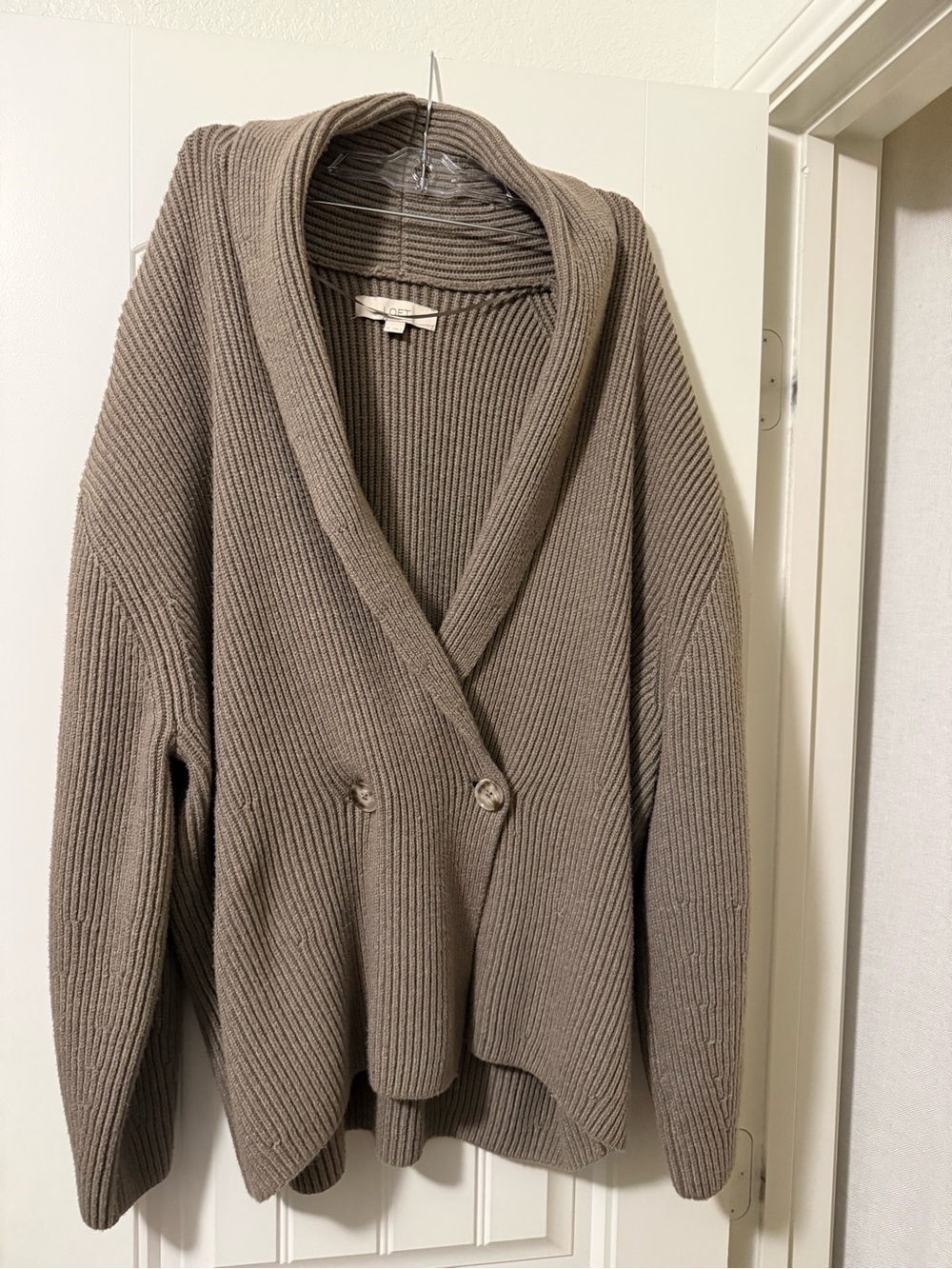 LOFT Taupe Ribbed Double-Button Shawl Collar Cardigan